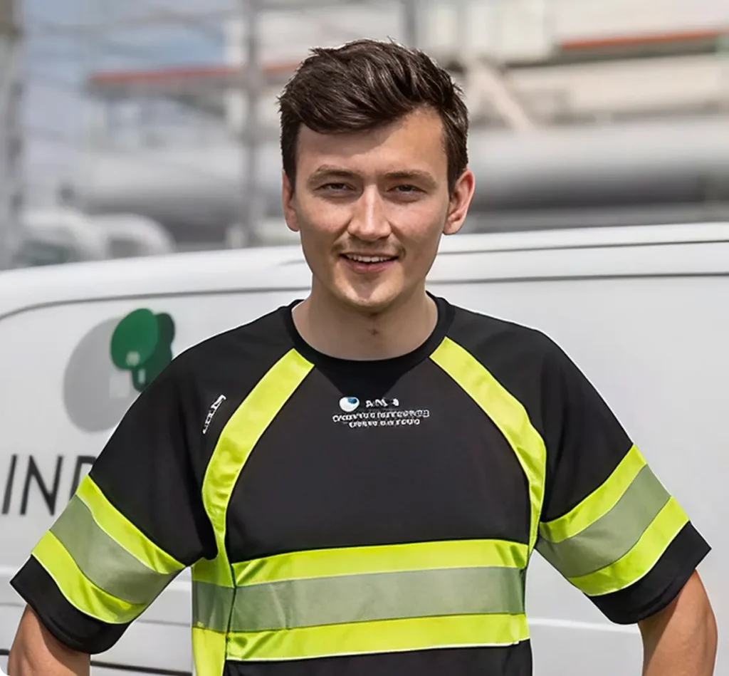 Bild på en manlig anställd iförd företagsprofilerade kläder.