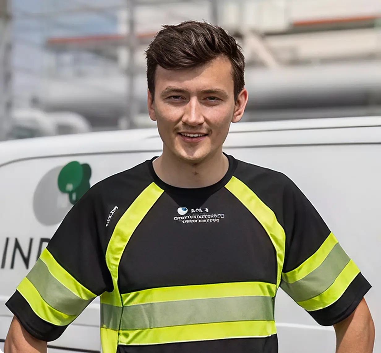 Bild på en manlig anställd iförd företagsprofilerade kläder.