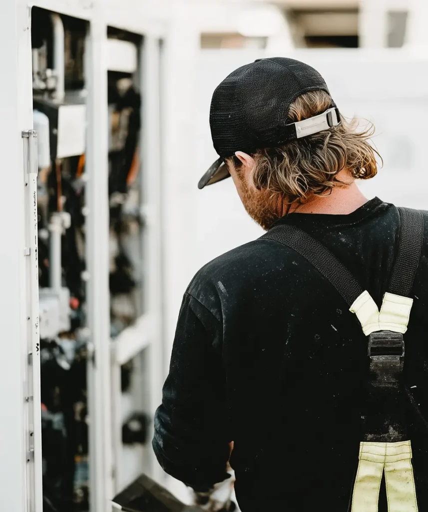 En man som jobbar som kyltekniker är ute och jobbar hos en kund.