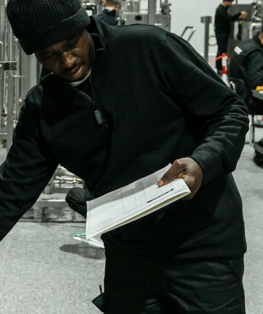 En man i en industriell miljö checkar av en checklista för att kontrollera ett jobb.